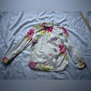 Talbots Watercolor Floral Ruffle Neck Top, Long Roll-Tab Sleeve, Cotton, Petite